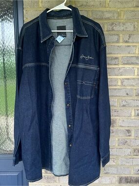 Vintage Sean John Dark Wash Denim Button Down Shirt Script Logo 3XL Y2K